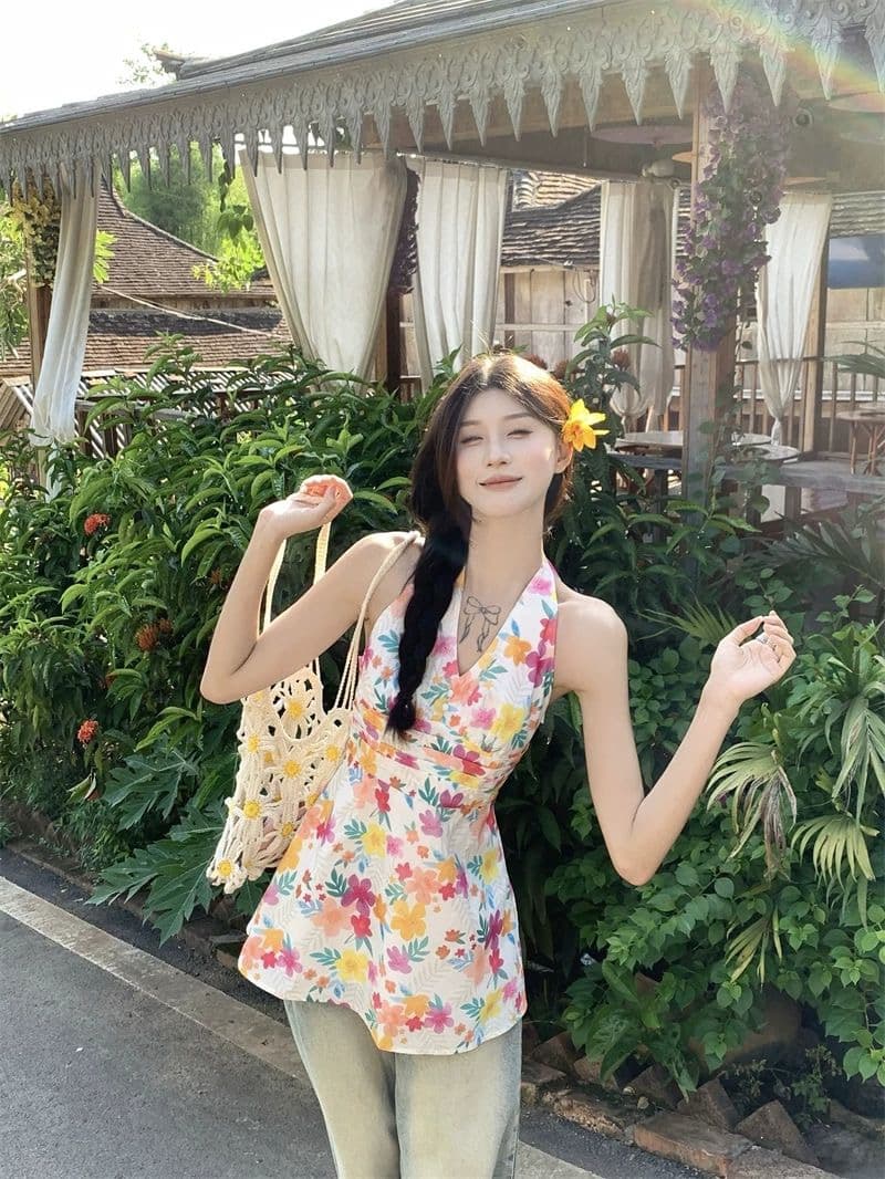 도파민 색상 꽃무늬 V넥 행침 목 여성 드레스 여름 작은 키 삼아 해변가 휴가 바람 허리 수축 미니 스커트 상세 이미지 3