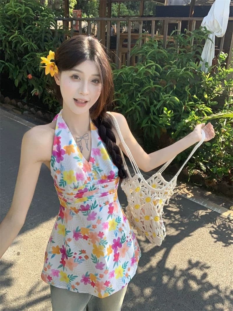 도파민 색상 꽃무늬 V넥 행침 목 여성 드레스 여름 작은 키 삼아 해변가 휴가 바람 허리 수축 미니 스커트 상세 이미지 4
