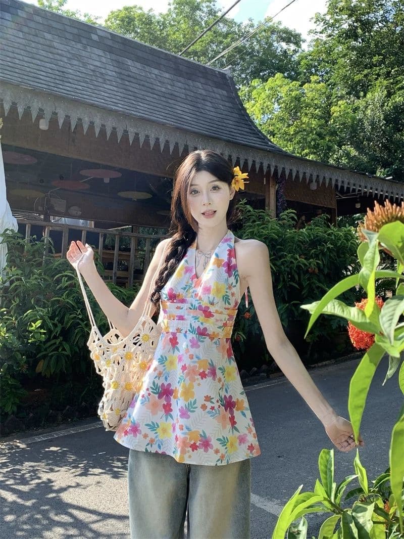 도파민 색상 꽃무늬 V넥 행침 목 여성 드레스 여름 작은 키 삼아 해변가 휴가 바람 허리 수축 미니 스커트 상세 이미지 5