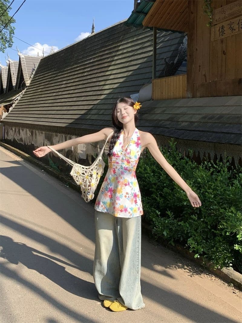 도파민 색상 꽃무늬 V넥 행침 목 여성 드레스 여름 작은 키 삼아 해변가 휴가 바람 허리 수축 미니 스커트 상세 이미지 6