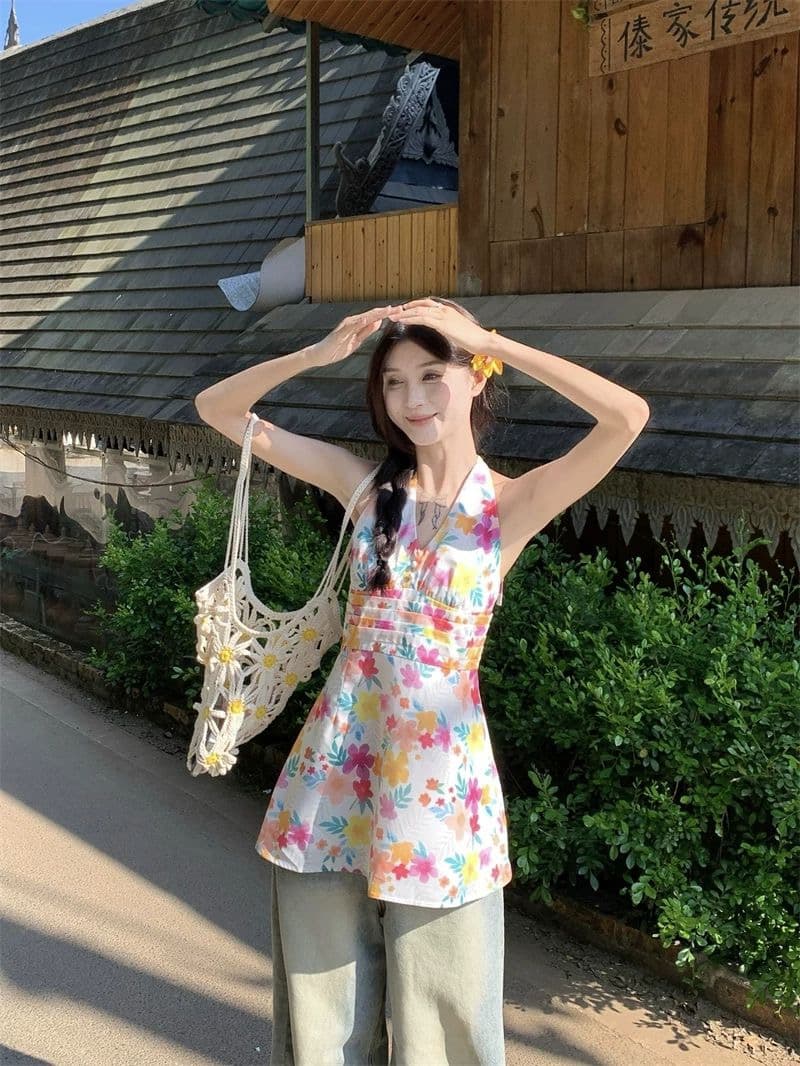 도파민 색상 꽃무늬 V넥 행침 목 여성 드레스 여름 작은 키 삼아 해변가 휴가 바람 허리 수축 미니 스커트 상세 이미지 7