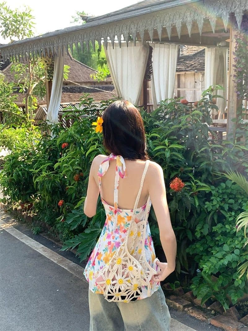 도파민 색상 꽃무늬 V넥 행침 목 여성 드레스 여름 작은 키 삼아 해변가 휴가 바람 허리 수축 미니 스커트 상세 이미지 8