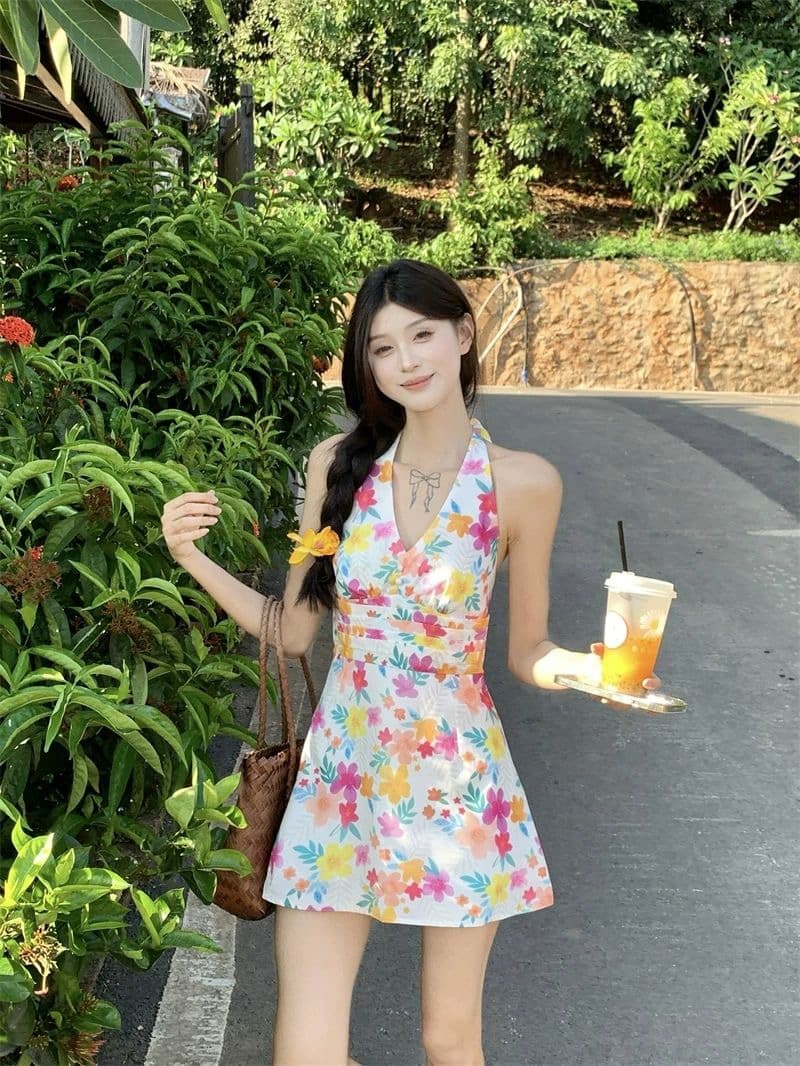 도파민 색상 꽃무늬 V넥 행침 목 여성 드레스 여름 작은 키 삼아 해변가 휴가 바람 허리 수축 미니 스커트 상세 이미지 9