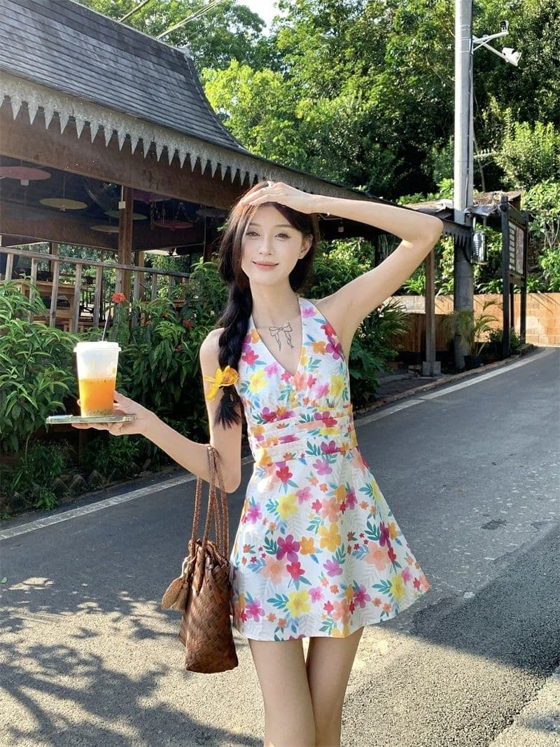 도파민 색상 꽃무늬 V넥 행침 목 여성 드레스 여름 작은 키 삼아 해변가 휴가 바람 허리 수축 미니 스커트 상세 이미지 14