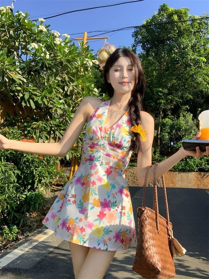 도파민 색상 꽃무늬 V넥 행침 목 여성 드레스 여름 작은 키 삼아 해변가 휴가 바람 허리 수축 미니 스커트 상세 이미지 15