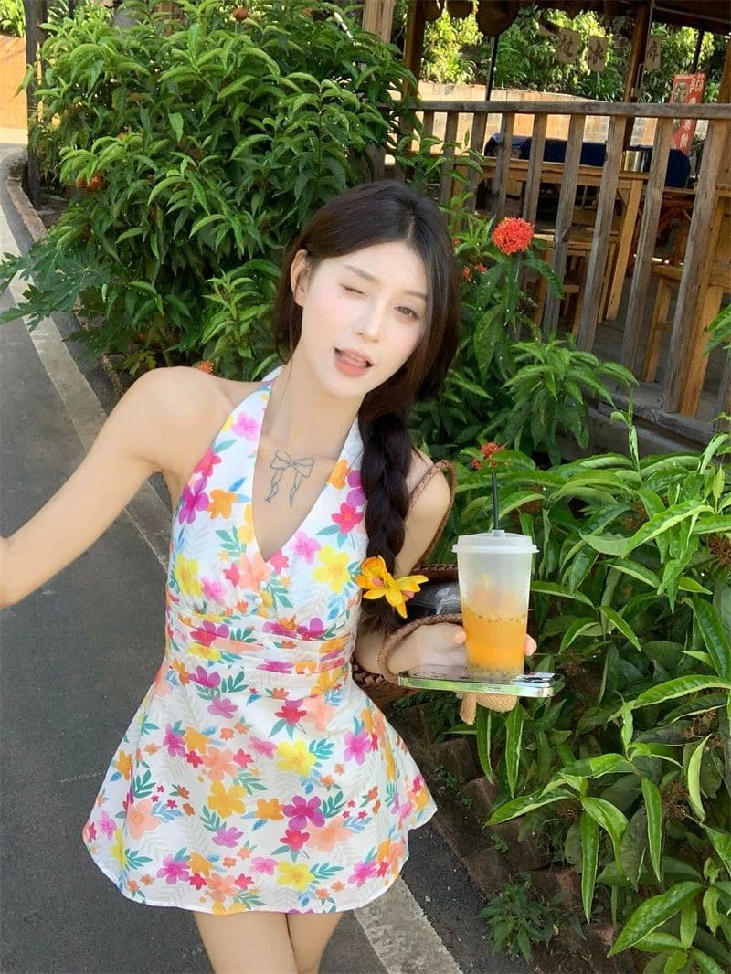 도파민 색상 꽃무늬 V넥 행침 목 여성 드레스 여름 작은 키 삼아 해변가 휴가 바람 허리 수축 미니 스커트 상세 이미지 16