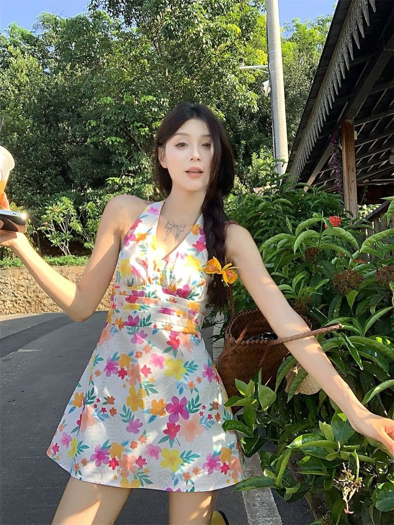 도파민 색상 꽃무늬 V넥 행침 목 여성 드레스 여름 작은 키 삼아 해변가 휴가 바람 허리 수축 미니 스커트 상세 이미지 17