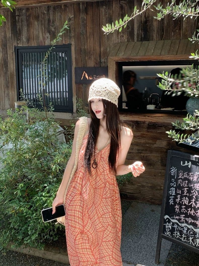 휴가 바람 체크무늬 V넥 슬립 여성 드레스 여름 새로운 레트로 연령 감소 해변가 여행 캐주얼 길다 치마 상세 이미지 11