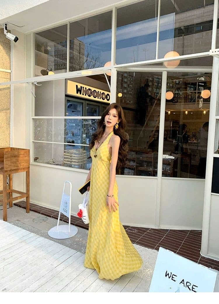 낭만주의 프랑스식 V넥 행침 목 여성 드레스 디자인 센스 태국 하이난 삼아 해변가 부드러운 휴가 바람 롱 스커트 상세 이미지 9