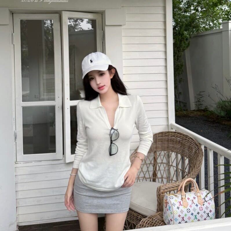 눈꽃 면 POLO 칼라 긴팔 티셔츠 여성 여름 얇은 스타일 통기성 태양 보호 셔츠 몸매 가꾸기 다용도 맨위 chic 트렌디 이미지 4
