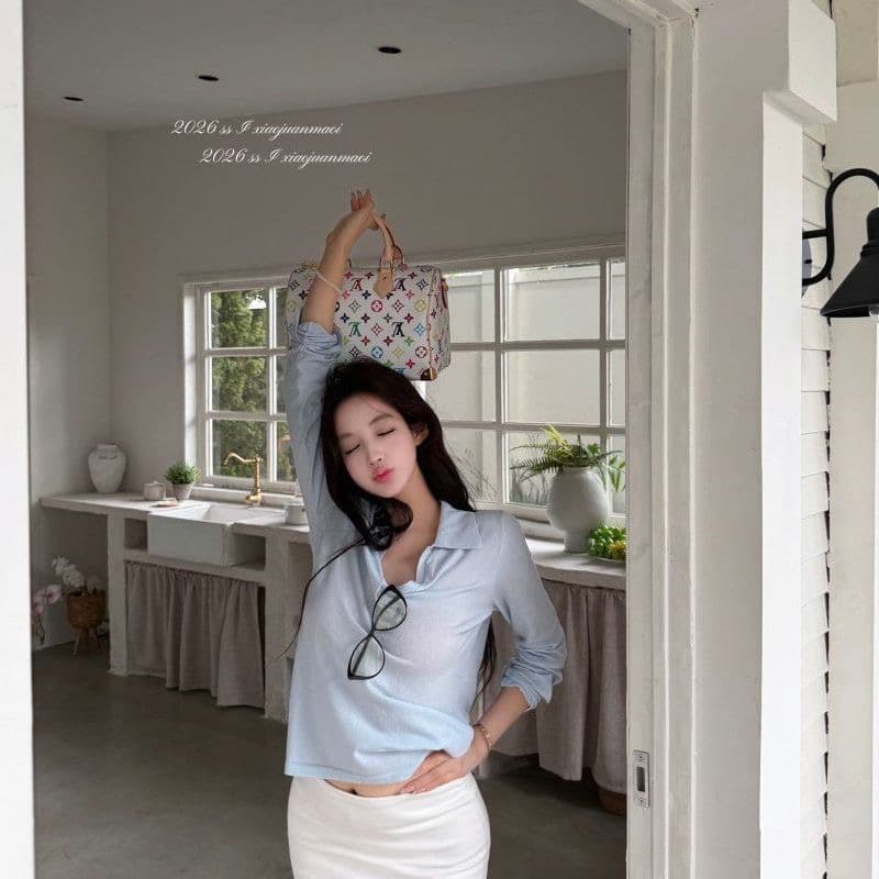 눈꽃 면 POLO 칼라 긴팔 티셔츠 여성 여름 얇은 스타일 통기성 태양 보호 셔츠 몸매 가꾸기 다용도 맨위 chic 트렌디 이미지 3