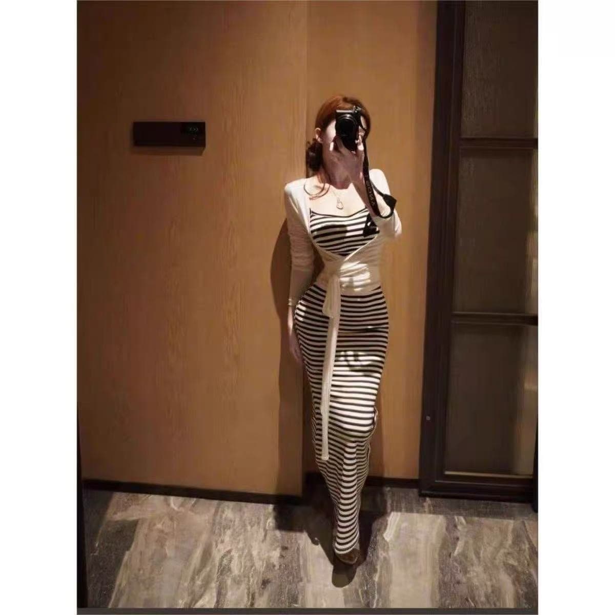 느슨함 한 부서 핑크색 스트라이프 프랑스식 한 부서 여름 새로운 허리 수축 긴팔 스트랩 오픈 가디건 투피스 슈트 상세 이미지 7
