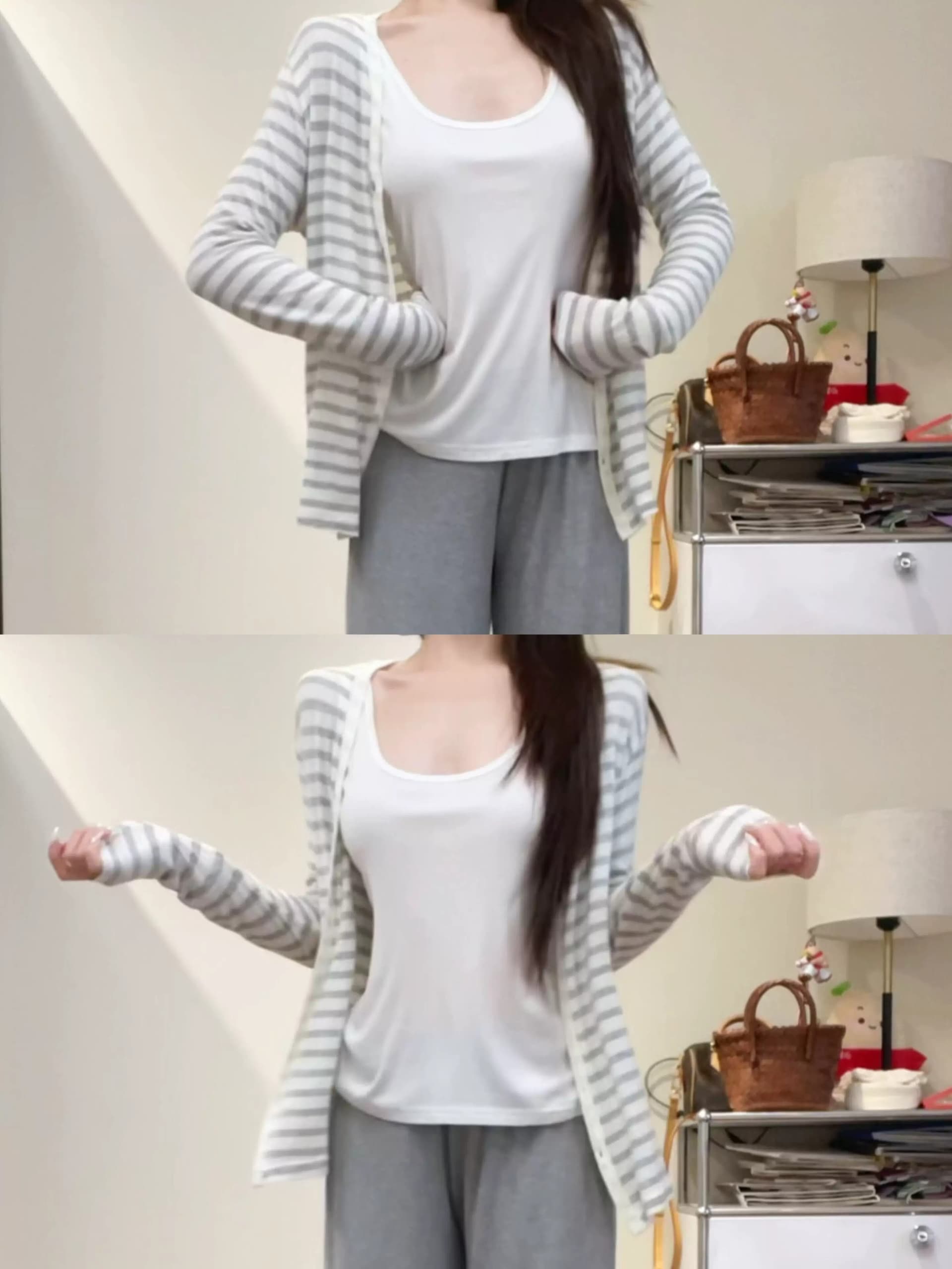 한 부서 부드러운 느긋한 바람 스트라이프 오픈 가디건 티셔츠 여성 여름 얇은 스타일 자외선 차단 긴팔 루즈핏 다용도 캐주얼 맨위 이미지 4