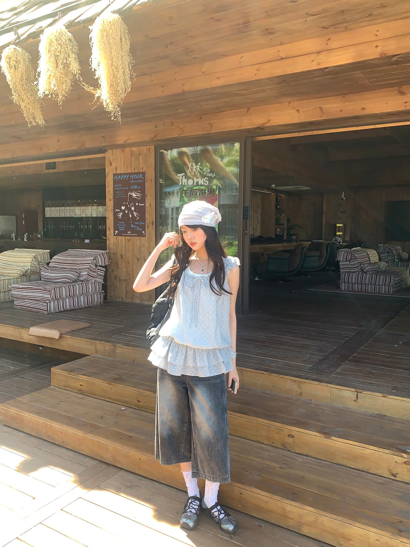 hollyii 한 부서 도트 무늬 행침 목 밑단 프릴 허리 수축 슬림해 보이는 페이크 레이어드 맨위 여성 2026 여름 새로운 상세 이미지 8