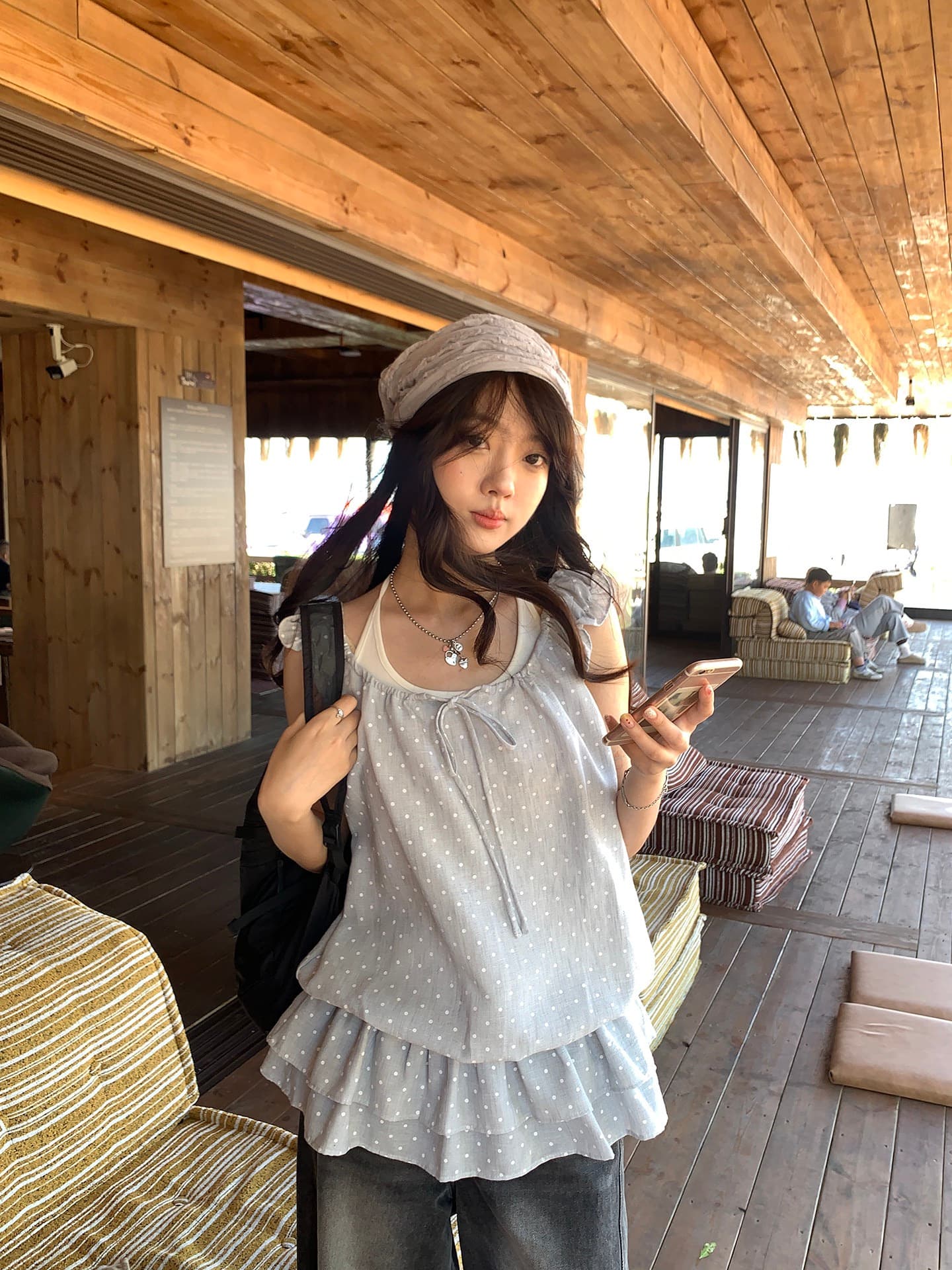 hollyii 한 부서 도트 무늬 행침 목 밑단 프릴 허리 수축 슬림해 보이는 페이크 레이어드 맨위 여성 2026 여름 새로운 상세 이미지 14