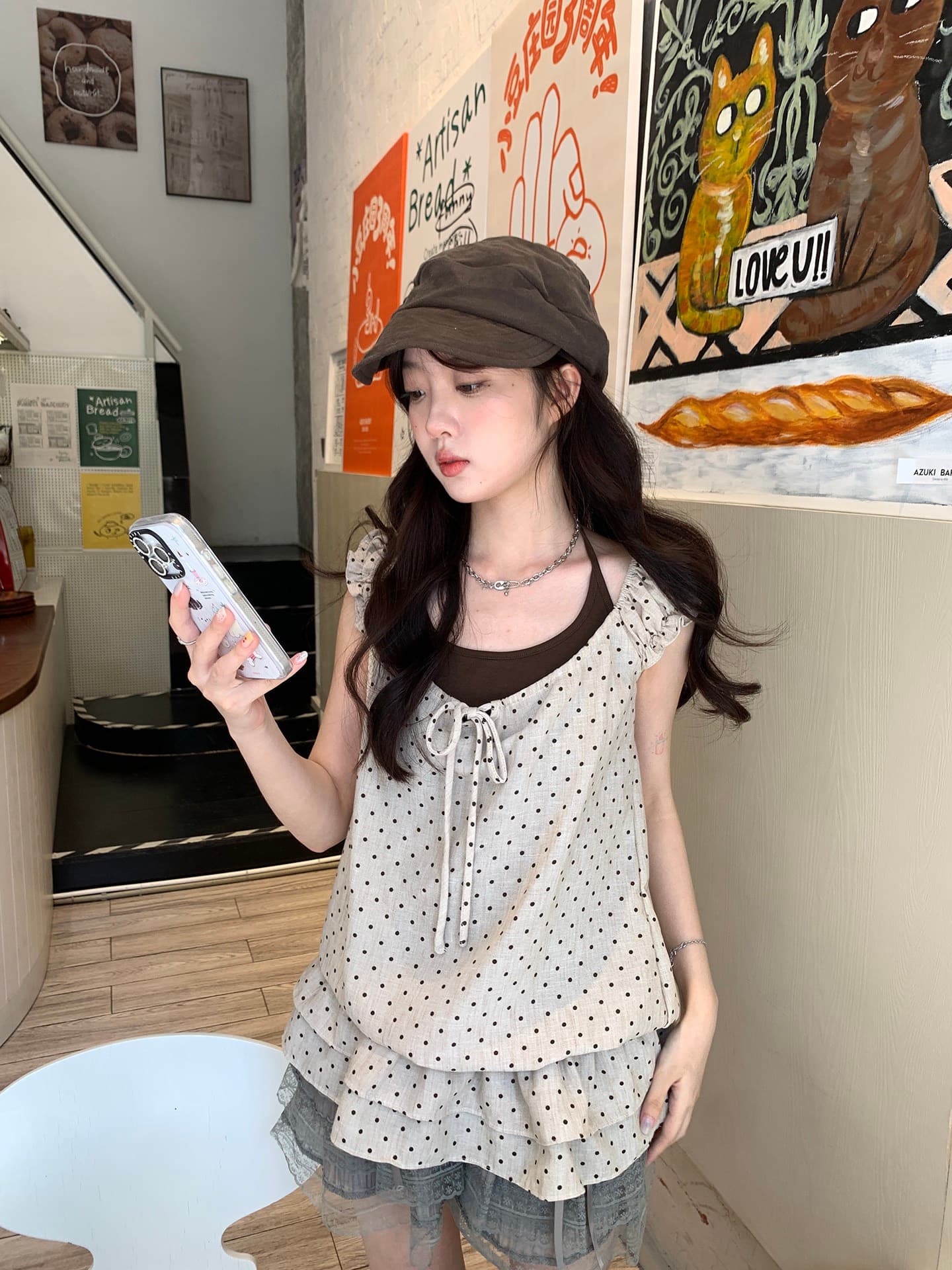 hollyii 한 부서 도트 무늬 행침 목 밑단 프릴 허리 수축 슬림해 보이는 페이크 레이어드 맨위 여성 2026 여름 새로운 상세 이미지 21