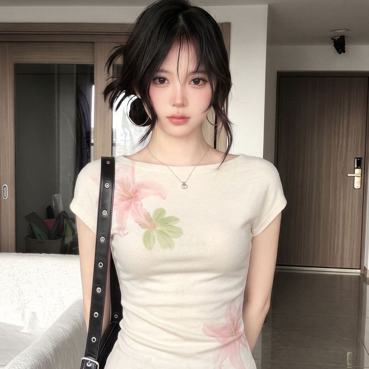베이지 색 반팔 티셔츠 여성 여름 새로운 창의성 꽃 프린트 작은 대중 몸매 가꾸기 슬림해 보이는 다용도 달콤한 핫걸 맨위 이미지 5