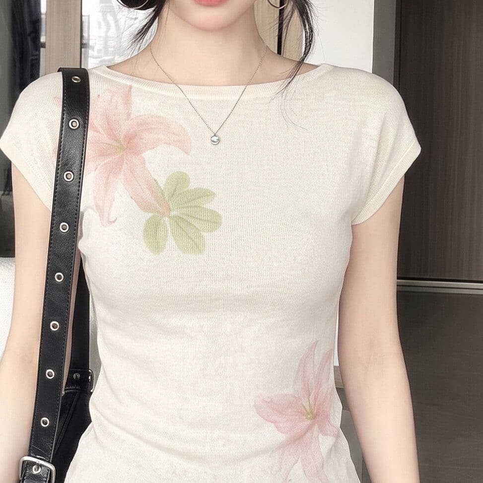 베이지 색 반팔 티셔츠 여성 여름 새로운 창의성 꽃 프린트 작은 대중 몸매 가꾸기 슬림해 보이는 다용도 달콤한 핫걸 맨위 이미지 3