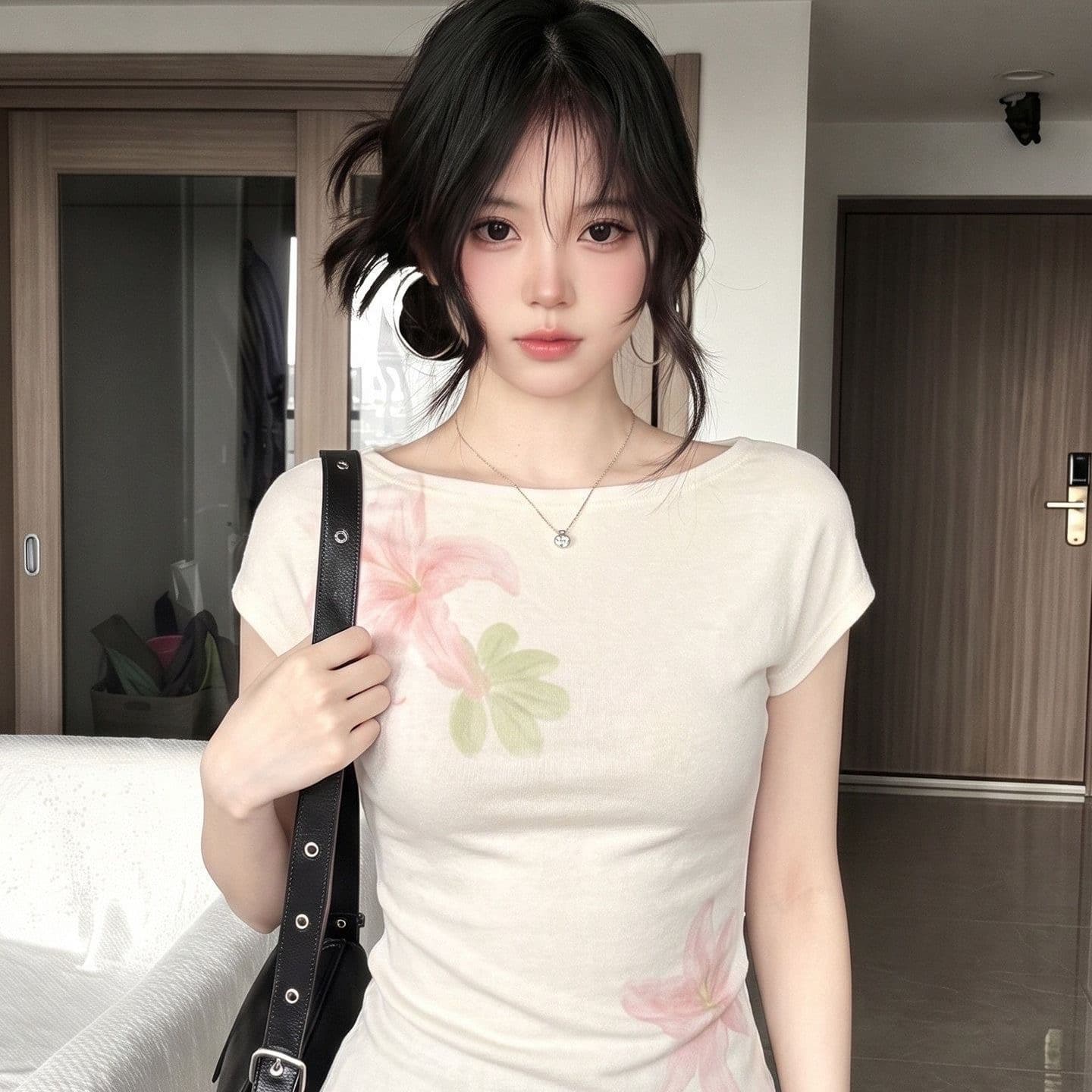 베이지 색 반팔 티셔츠 여성 여름 새로운 창의성 꽃 프린트 작은 대중 몸매 가꾸기 슬림해 보이는 다용도 달콤한 핫걸 맨위 상세 이미지 2
