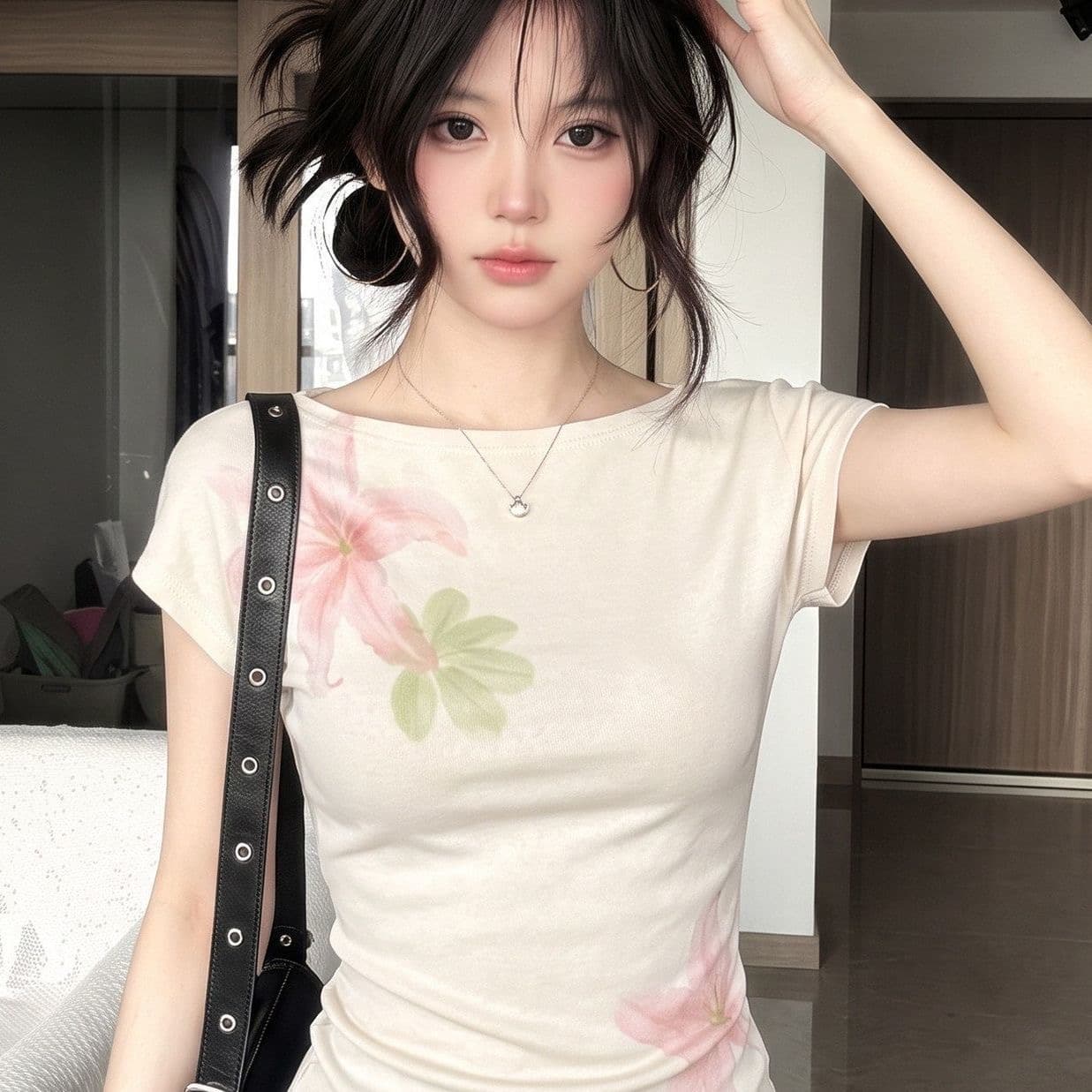베이지 색 반팔 티셔츠 여성 여름 새로운 창의성 꽃 프린트 작은 대중 몸매 가꾸기 슬림해 보이는 다용도 달콤한 핫걸 맨위 상세 이미지 7