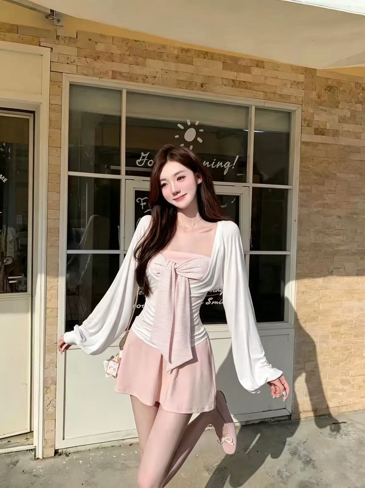 한 부서 달콤함 순수한 욕망 핫걸 u 칼라 긴팔 가을 블라우스 슬립 심지어 스택 착용 투피스 세트 치마 세트 이미지 4