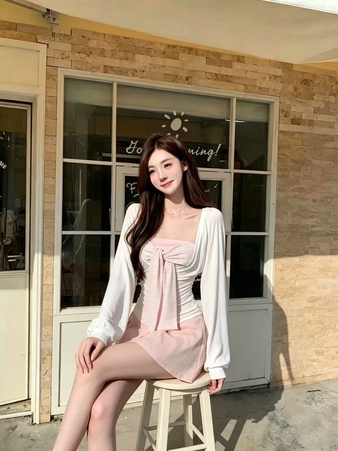 한 부서 달콤함 순수한 욕망 핫걸 u 칼라 긴팔 가을 블라우스 슬립 심지어 스택 착용 투피스 세트 치마 세트 상세 이미지 6