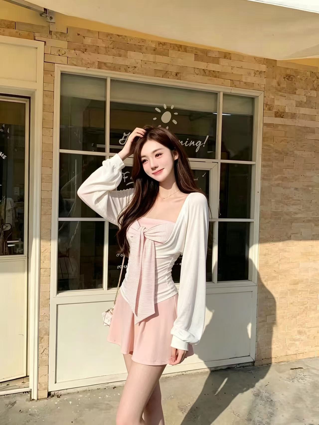 한 부서 달콤함 순수한 욕망 핫걸 u 칼라 긴팔 가을 블라우스 슬립 심지어 스택 착용 투피스 세트 치마 세트 상세 이미지 7