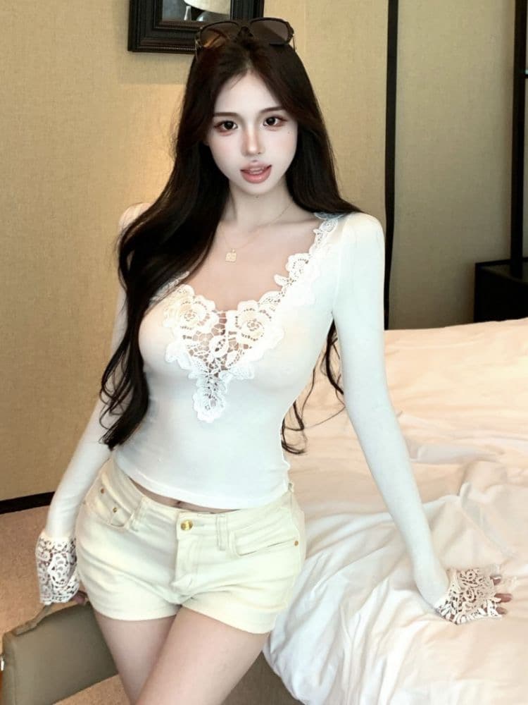 경관 그림 정가 모방 면 디자인 센스 패치워크 V넥 긴팔 티셔츠 여성 가을 몸매 가꾸기 인사이드 가져 가라. 순수한 욕망 바람 만나는 맨위 상세 이미지 9