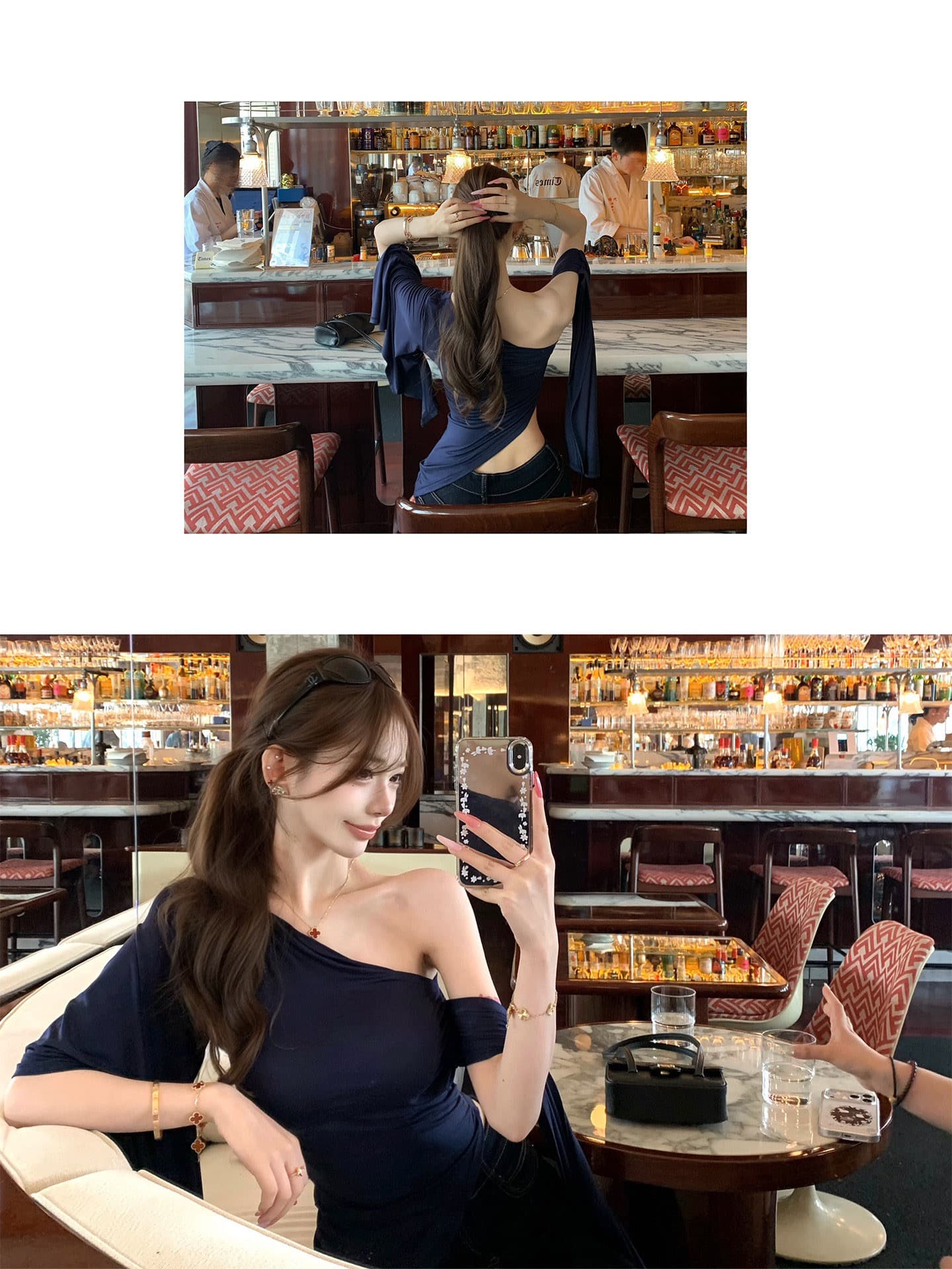 모달 불규칙 비스듬한 어깨 디자인 센스 티셔츠 리본 허리 수축 여성 조기 가을 작은 대중 핫걸 디스플레이 몸 맨위 상세 이미지 10