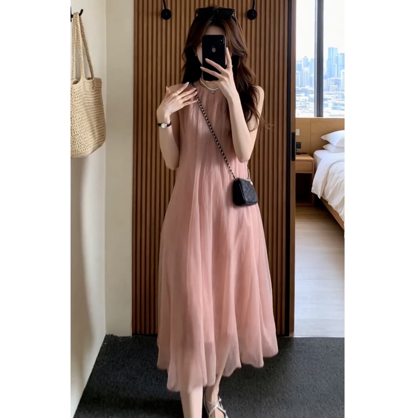 핑크색 프랑스식 달콤한 스타일 루즈핏 민소매 풀오버 한 마디 드레스 색상 휴가 바람 품격 고급 센스 중간 길이 스커트 상세 이미지 8