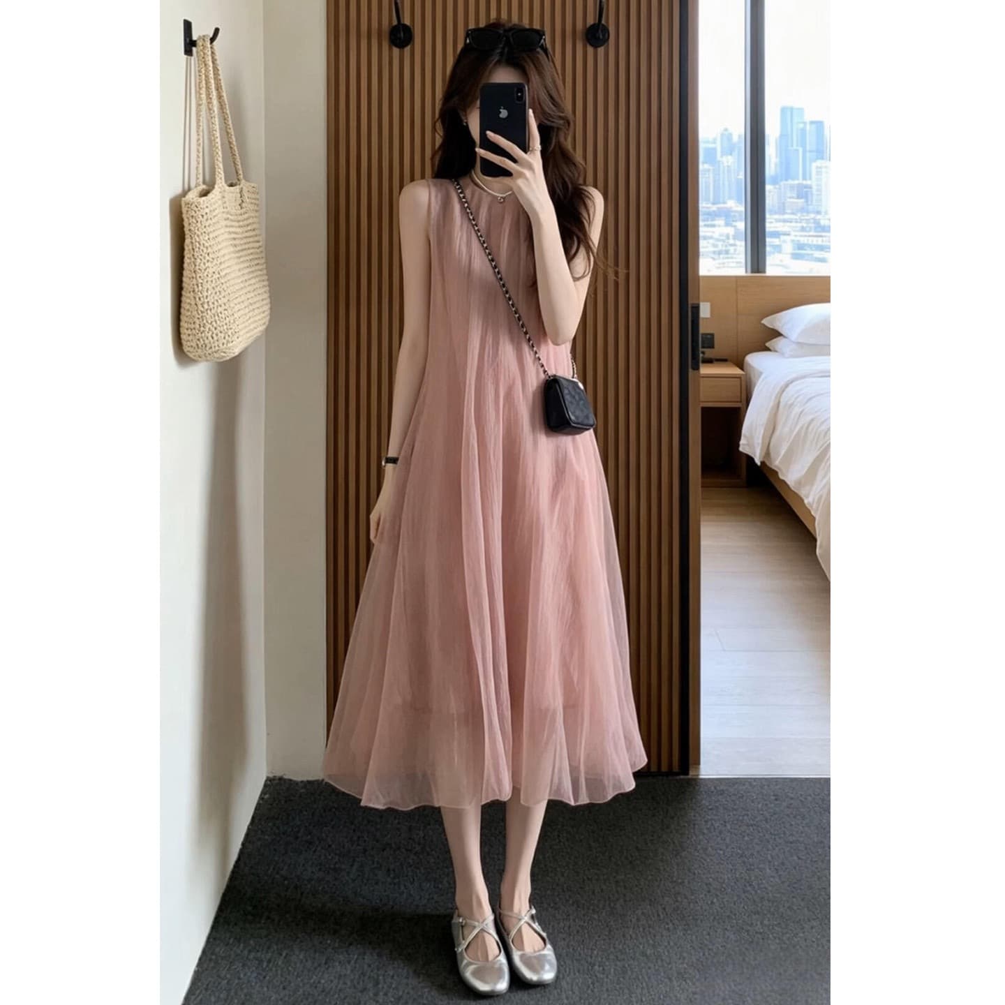 핑크색 프랑스식 달콤한 스타일 루즈핏 민소매 풀오버 한 마디 드레스 색상 휴가 바람 품격 고급 센스 중간 길이 스커트 상세 이미지 12