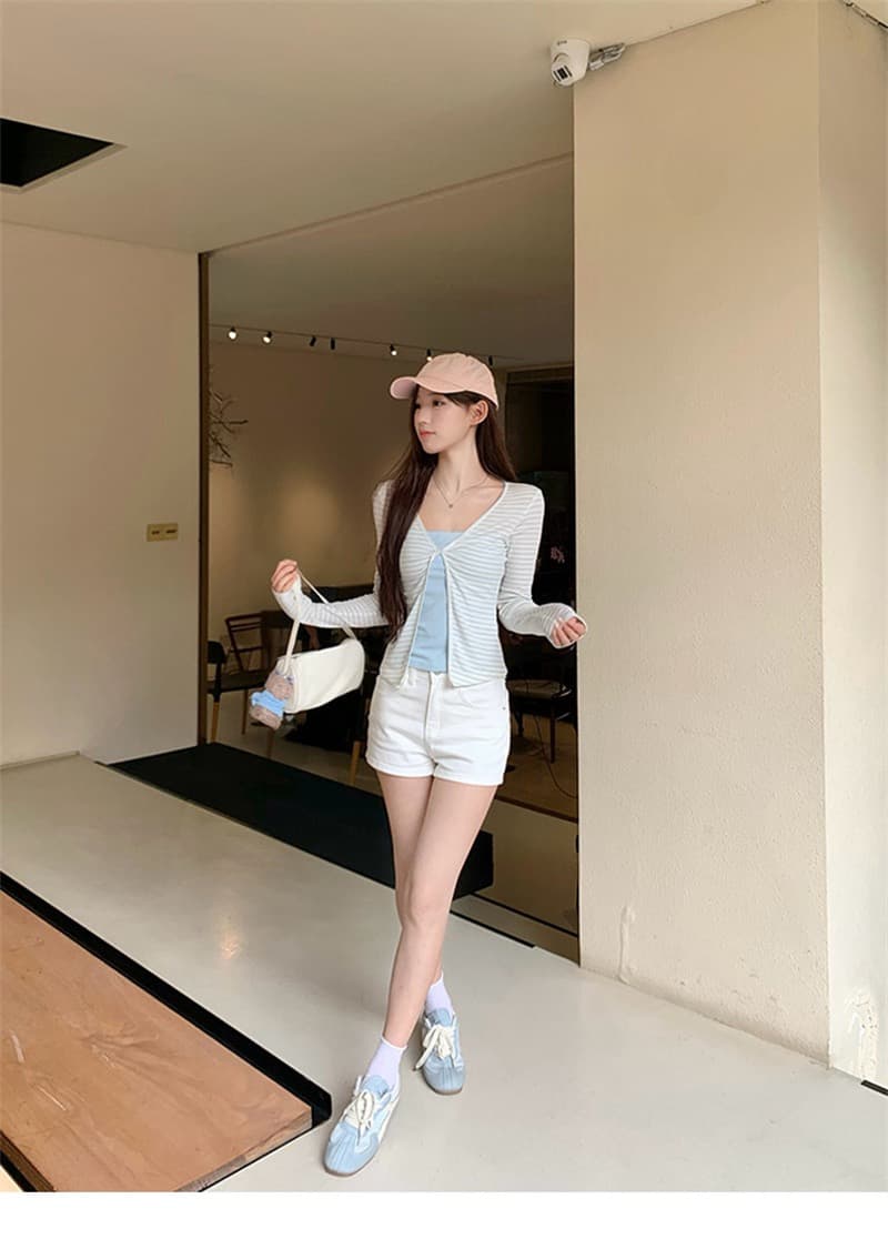 원본 1 1개 제품 훌륭함 섹션 기타 색상 긍정적 인 어깨 페이크 레이어드 긴팔 티셔츠 이른 가을 봄 몸매 가꾸기 쇼트 스타일 인사이드 가져 가라. 기본 셔츠 상세 이미지 14
