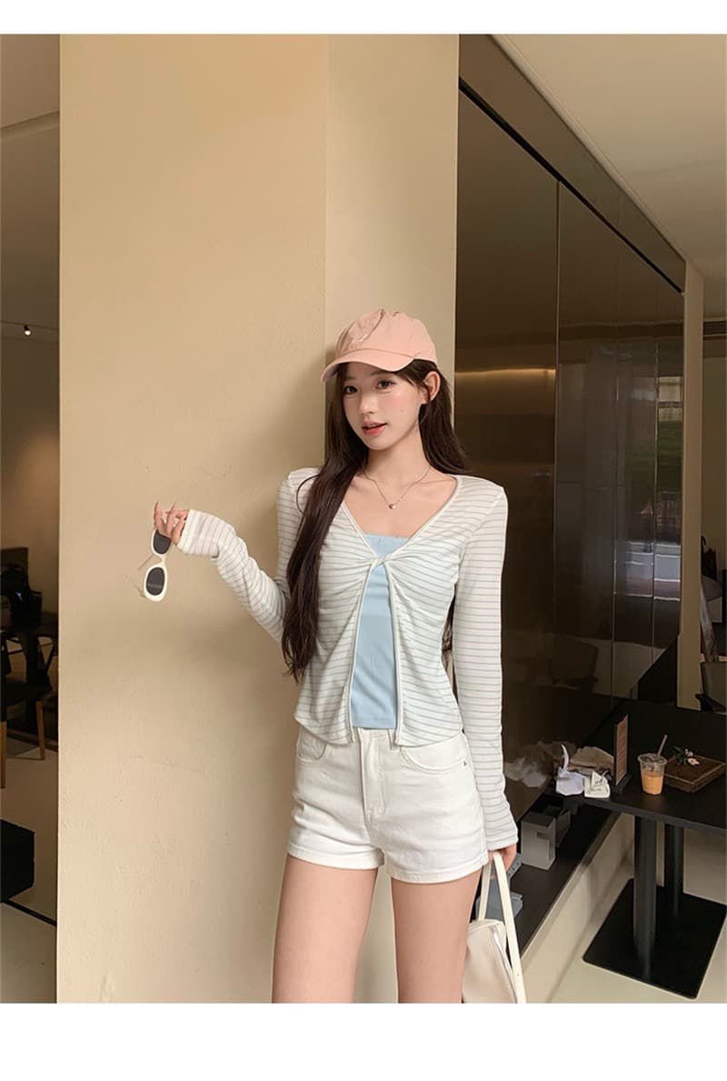 원본 1 1개 제품 훌륭함 섹션 기타 색상 긍정적 인 어깨 페이크 레이어드 긴팔 티셔츠 이른 가을 봄 몸매 가꾸기 쇼트 스타일 인사이드 가져 가라. 기본 셔츠 상세 이미지 15