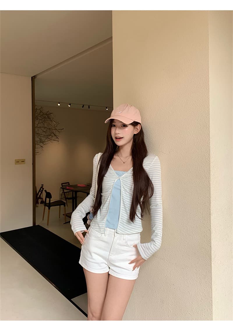 원본 1 1개 제품 훌륭함 섹션 기타 색상 긍정적 인 어깨 페이크 레이어드 긴팔 티셔츠 이른 가을 봄 몸매 가꾸기 쇼트 스타일 인사이드 가져 가라. 기본 셔츠 상세 이미지 23