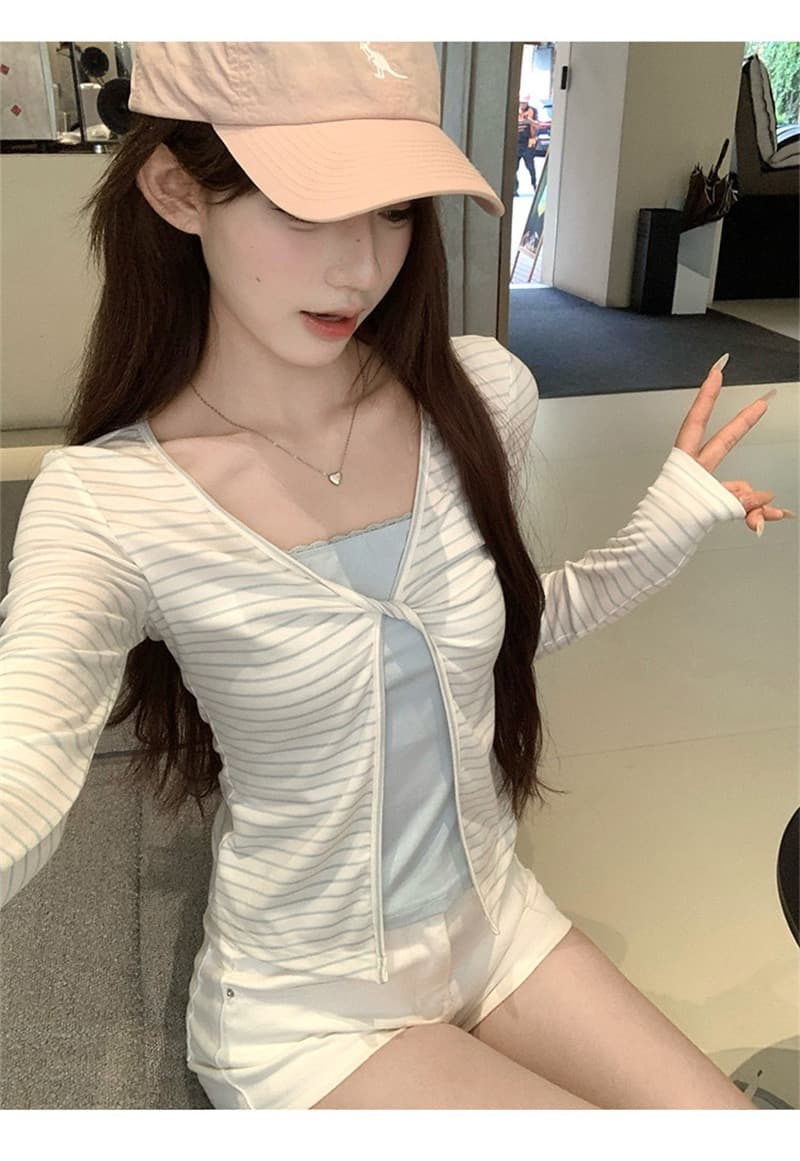 원본 1 1개 제품 훌륭함 섹션 기타 색상 긍정적 인 어깨 페이크 레이어드 긴팔 티셔츠 이른 가을 봄 몸매 가꾸기 쇼트 스타일 인사이드 가져 가라. 기본 셔츠 상세 이미지 24