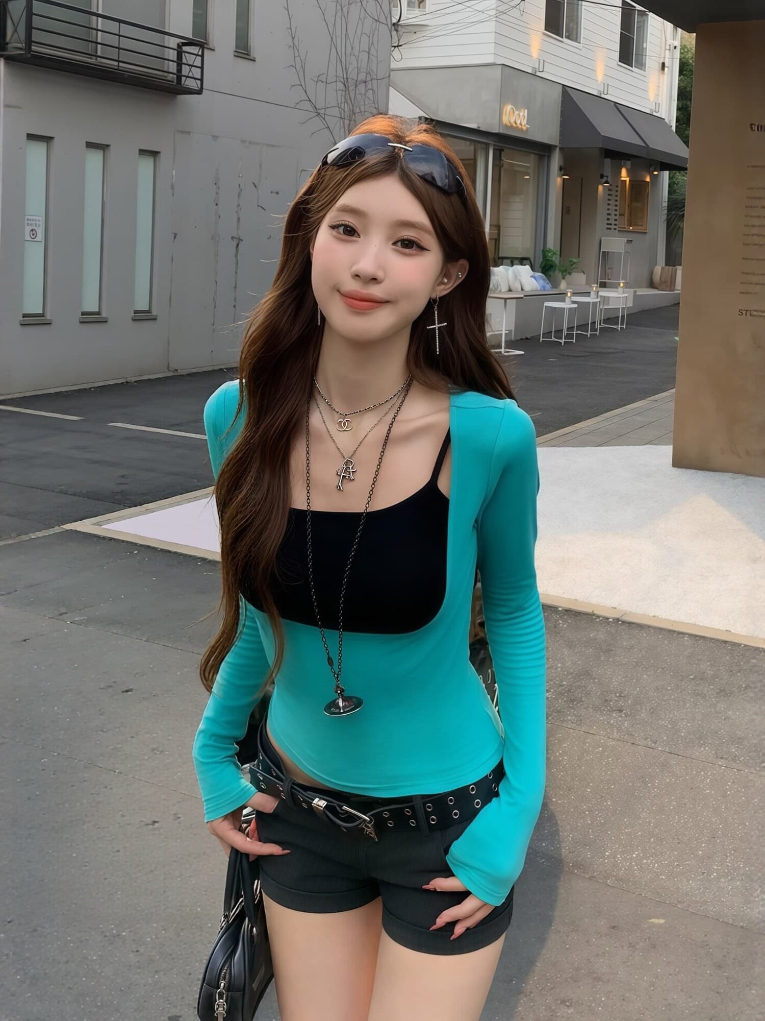 260 그램 사람들 면 페이크 레이어드 u 칼라 긴팔 티셔츠 여성 몸매 가꾸기 쇼트 스타일 이슬 뼈의 배색 슬립 슬림해 보이는 만나는 맨위 상세 이미지 10