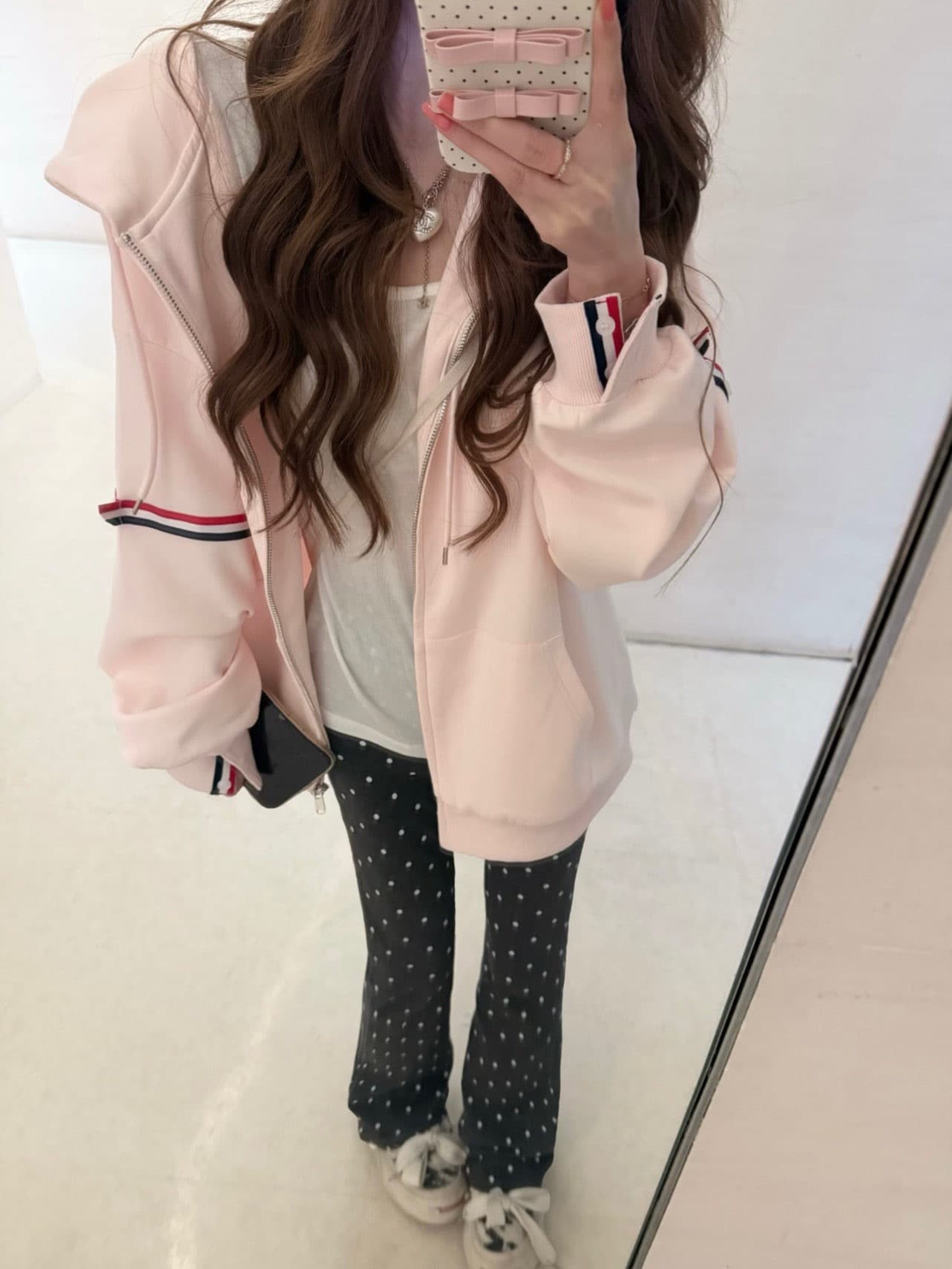 후아 면 복합 한 부서 봄 가을 지퍼 재킷 삼색 스트라이프 후드 오픈 가디건 후드티 여성 상세 이미지 5