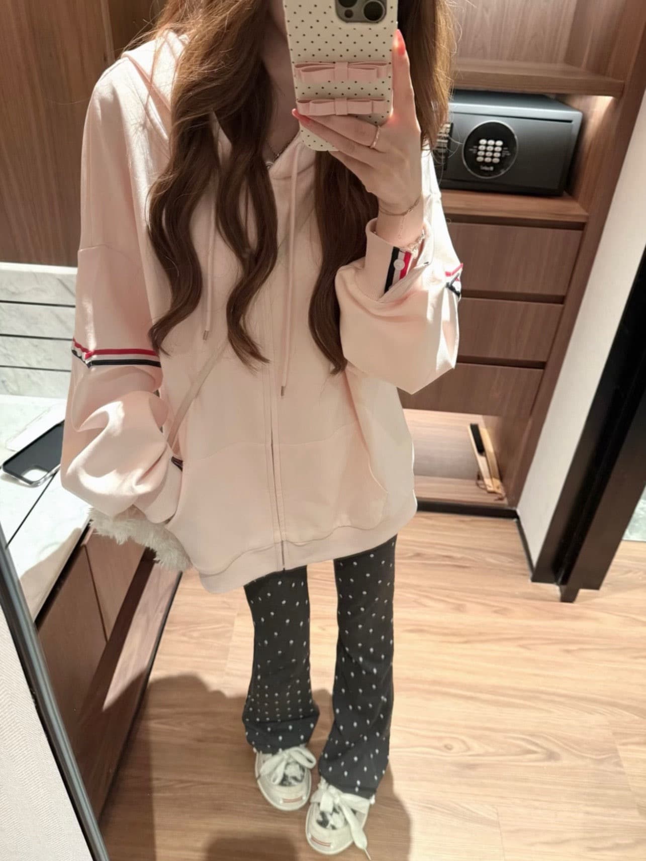 후아 면 복합 한 부서 봄 가을 지퍼 재킷 삼색 스트라이프 후드 오픈 가디건 후드티 여성 상세 이미지 7