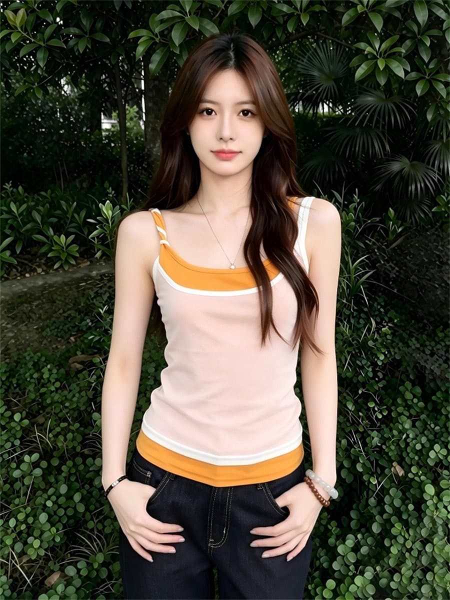 260 그램 사람들 면 주황색 패치워크 페이크 레이어드 배색 캐미솔 여름 슬림해 보이는 민소매 맨위 상세 이미지 2