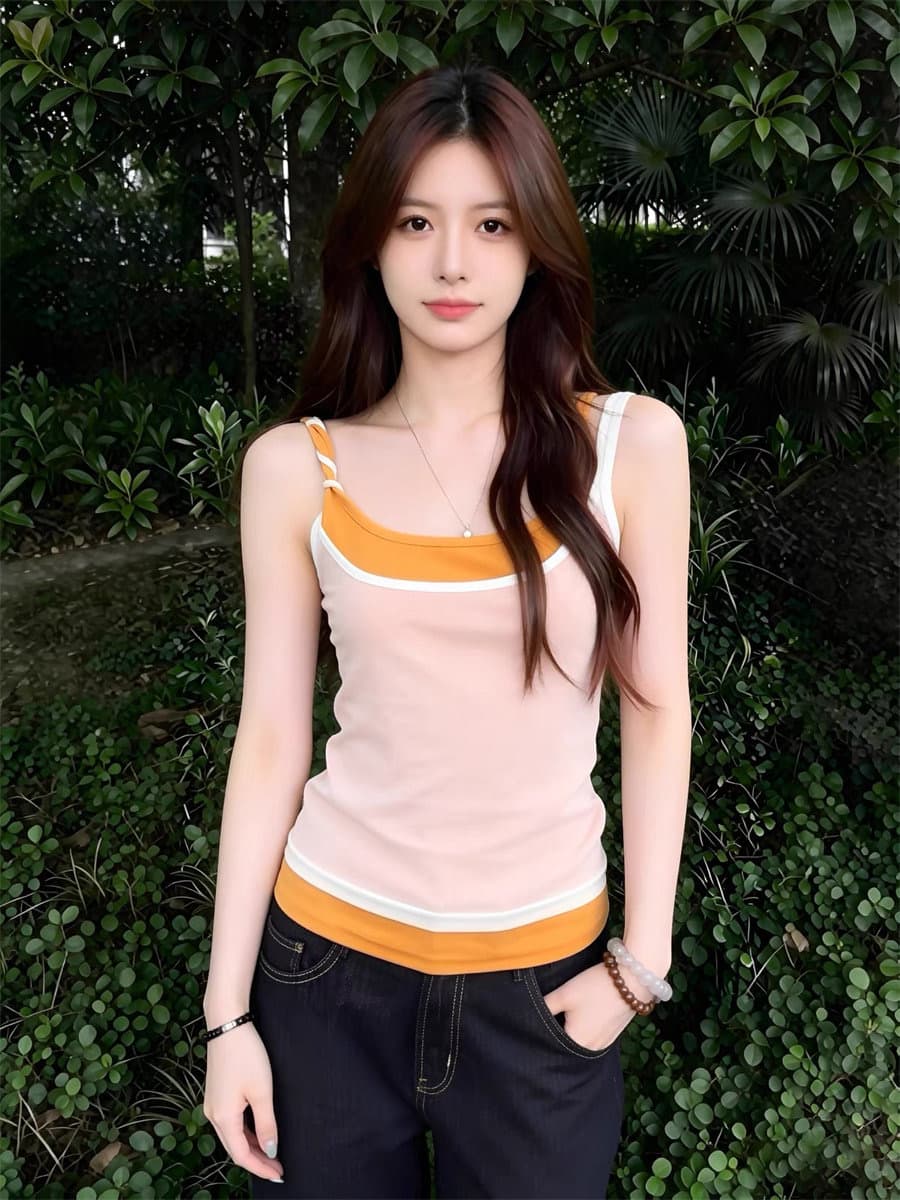 260 그램 사람들 면 주황색 패치워크 페이크 레이어드 배색 캐미솔 여름 슬림해 보이는 민소매 맨위 상세 이미지 3
