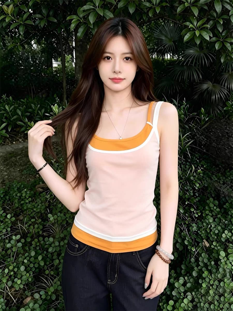 260 그램 사람들 면 주황색 패치워크 페이크 레이어드 배색 캐미솔 여름 슬림해 보이는 민소매 맨위 상세 이미지 4