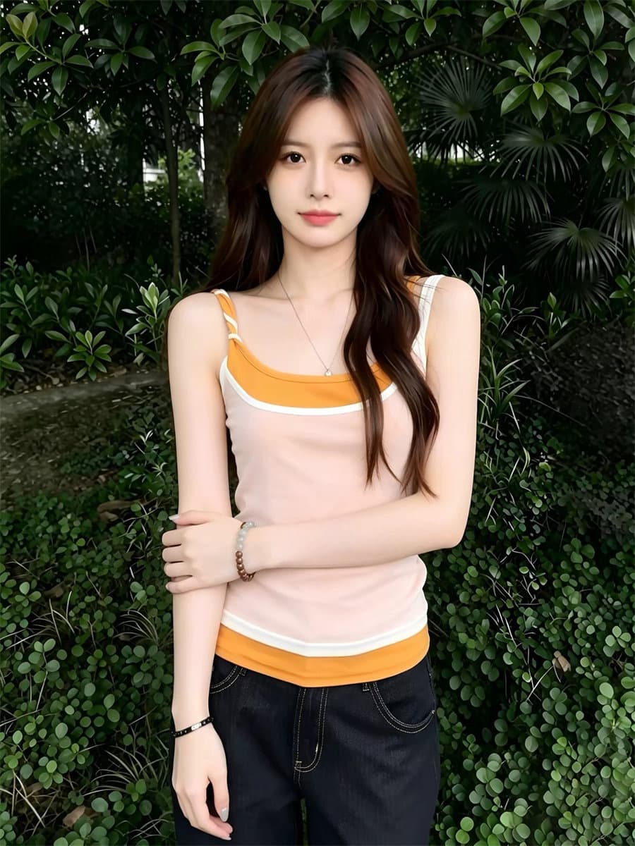 260 그램 사람들 면 주황색 패치워크 페이크 레이어드 배색 캐미솔 여름 슬림해 보이는 민소매 맨위 상세 이미지 5