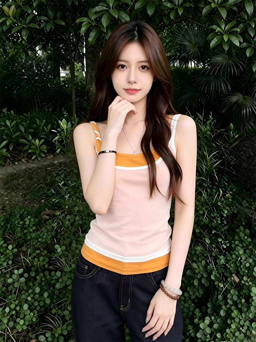 260 그램 사람들 면 주황색 패치워크 페이크 레이어드 배색 캐미솔 여름 슬림해 보이는 민소매 맨위 상세 이미지 6