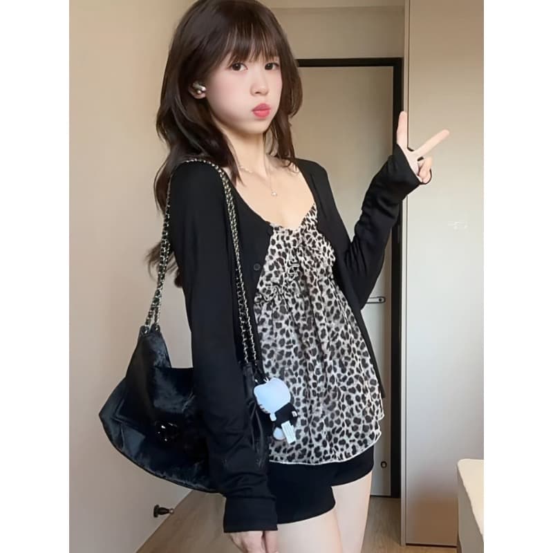 사람들 면 쉬폰 프랑스식 레오파드 무늬 V넥 캐미솔 여름 루즈핏 슬림해 보이는 자외선 차단 오픈 가디건 투피스 세트 이미지 2