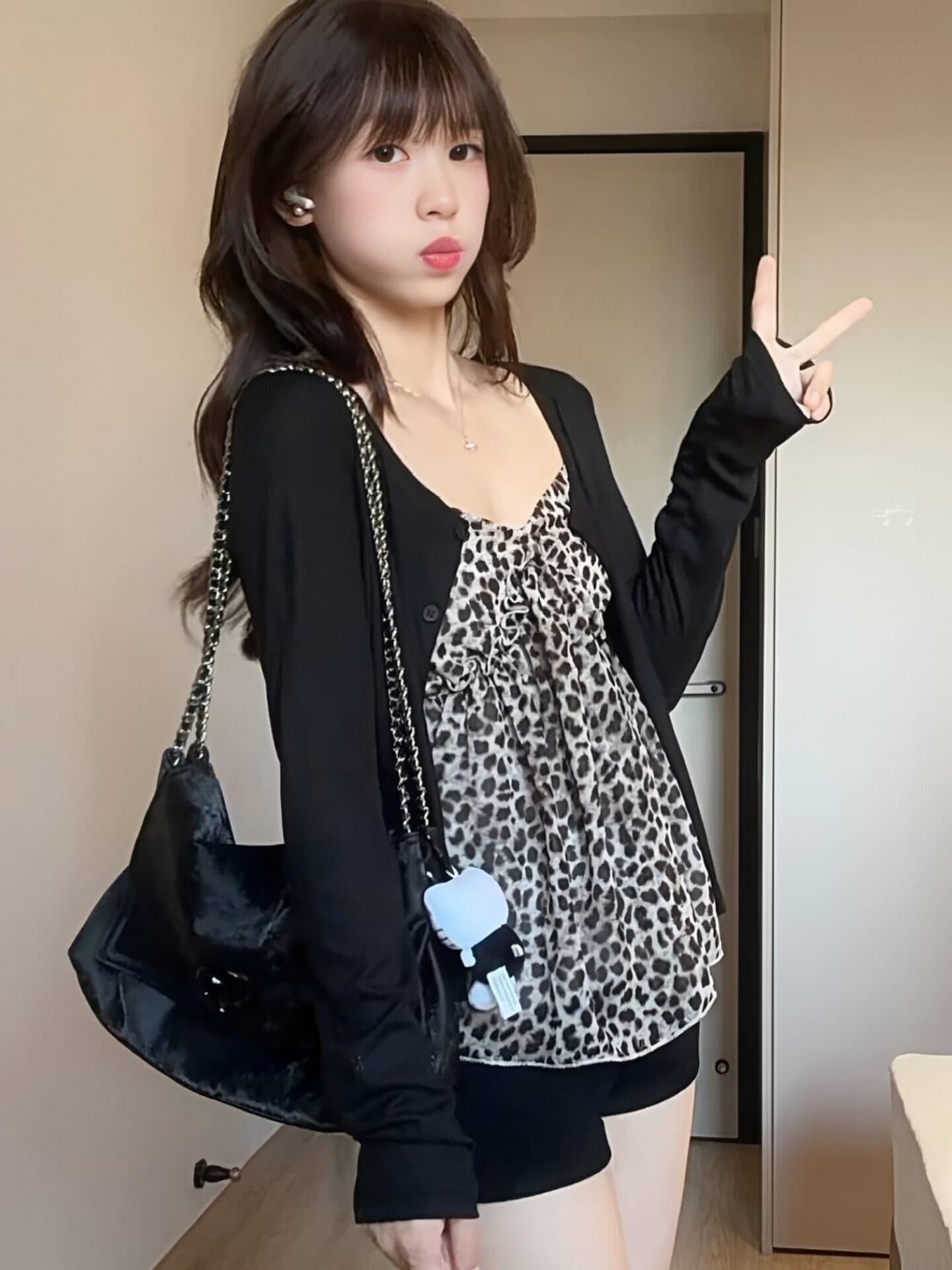 사람들 면 쉬폰 프랑스식 레오파드 무늬 V넥 캐미솔 여름 루즈핏 슬림해 보이는 자외선 차단 오픈 가디건 투피스 세트 상세 이미지 5