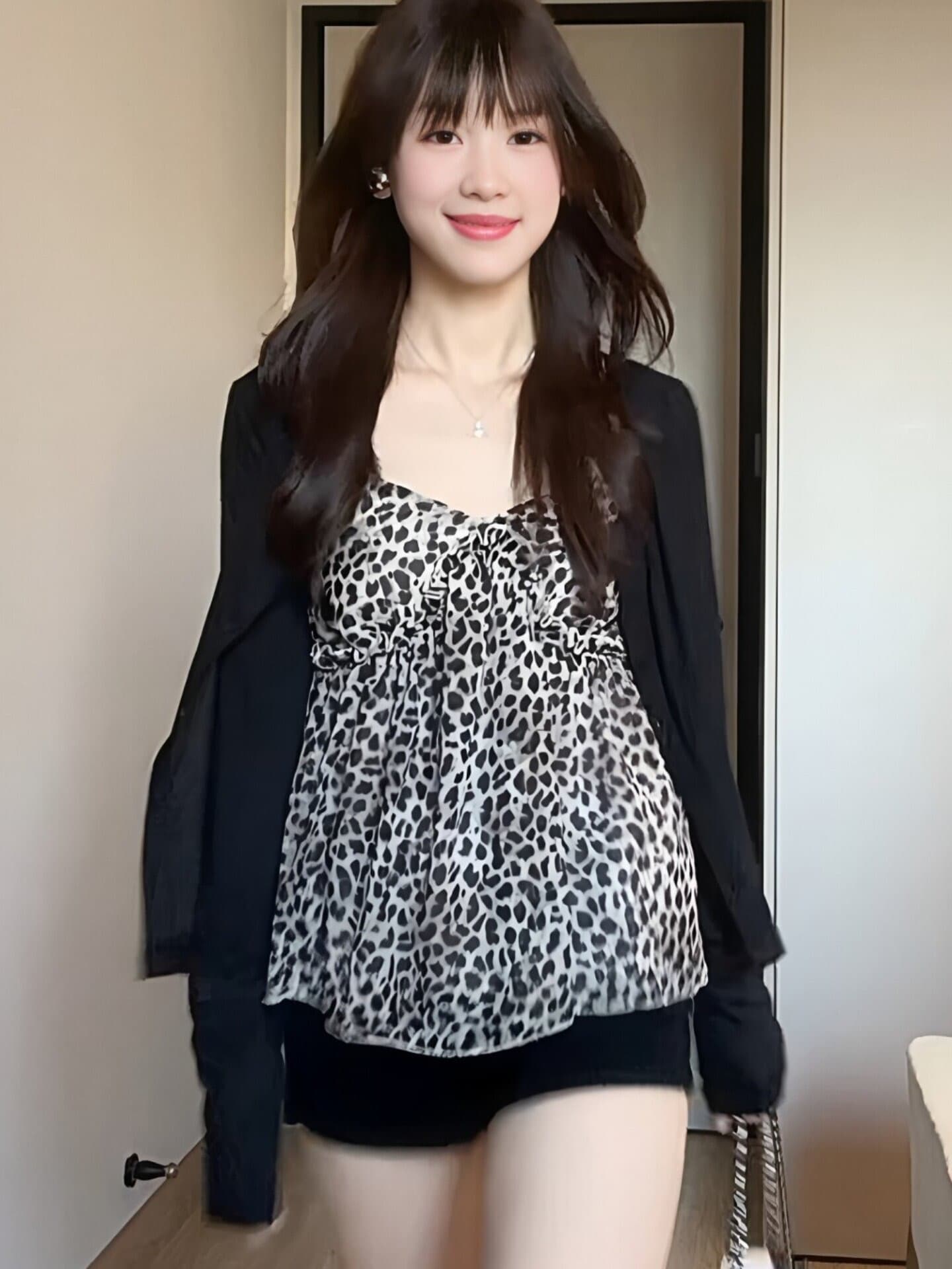 사람들 면 쉬폰 프랑스식 레오파드 무늬 V넥 캐미솔 여름 루즈핏 슬림해 보이는 자외선 차단 오픈 가디건 투피스 세트 상세 이미지 9