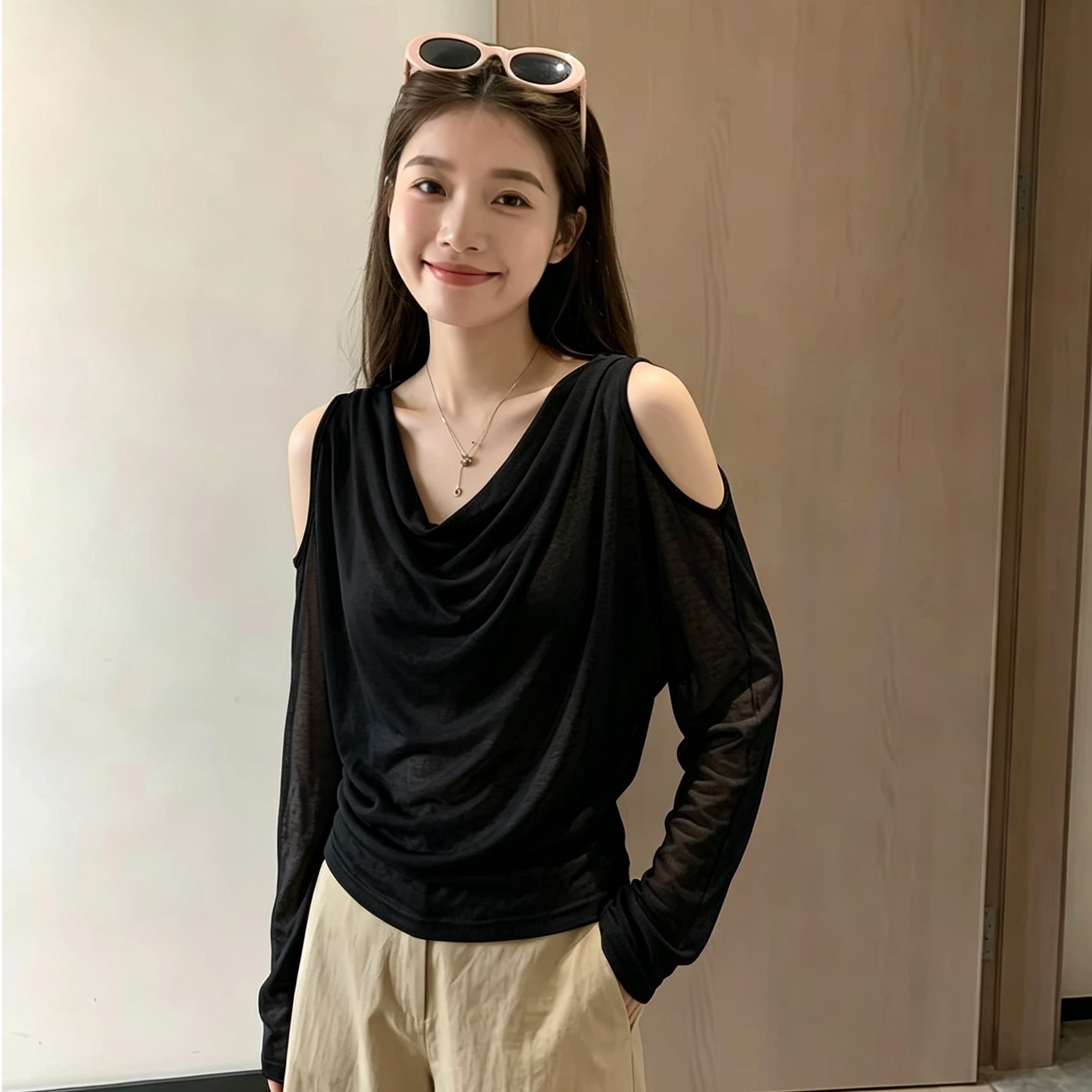 한 부서 디자인 센스 흔들다 칼라 오프숄더 긴팔 티셔츠 가을 여성 2026 새로운 다용도 슬림해 보이는 루즈핏 느긋한 맨위 이미지 5
