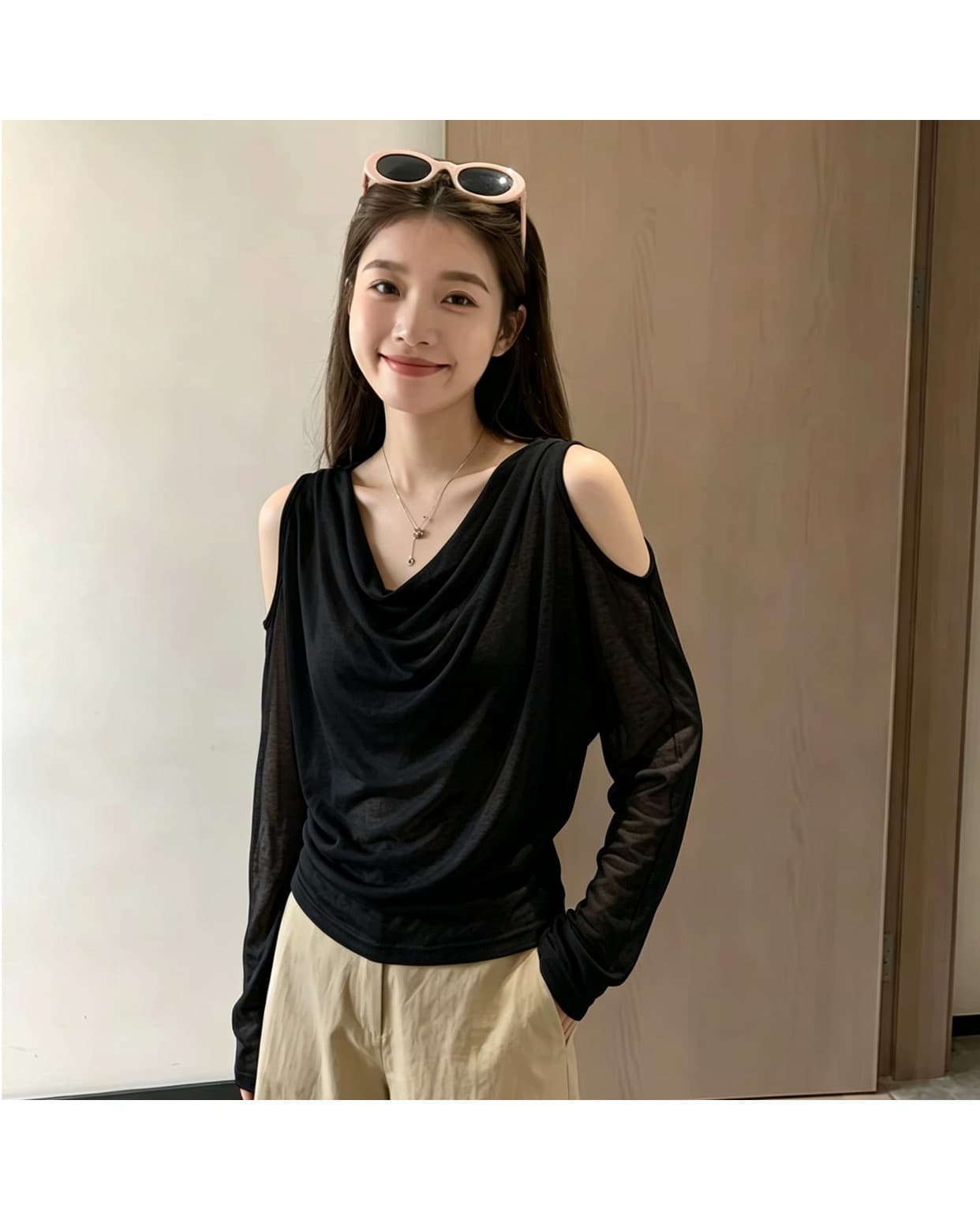 한 부서 디자인 센스 흔들다 칼라 오프숄더 긴팔 티셔츠 가을 여성 2026 새로운 다용도 슬림해 보이는 루즈핏 느긋한 맨위 상세 이미지 3