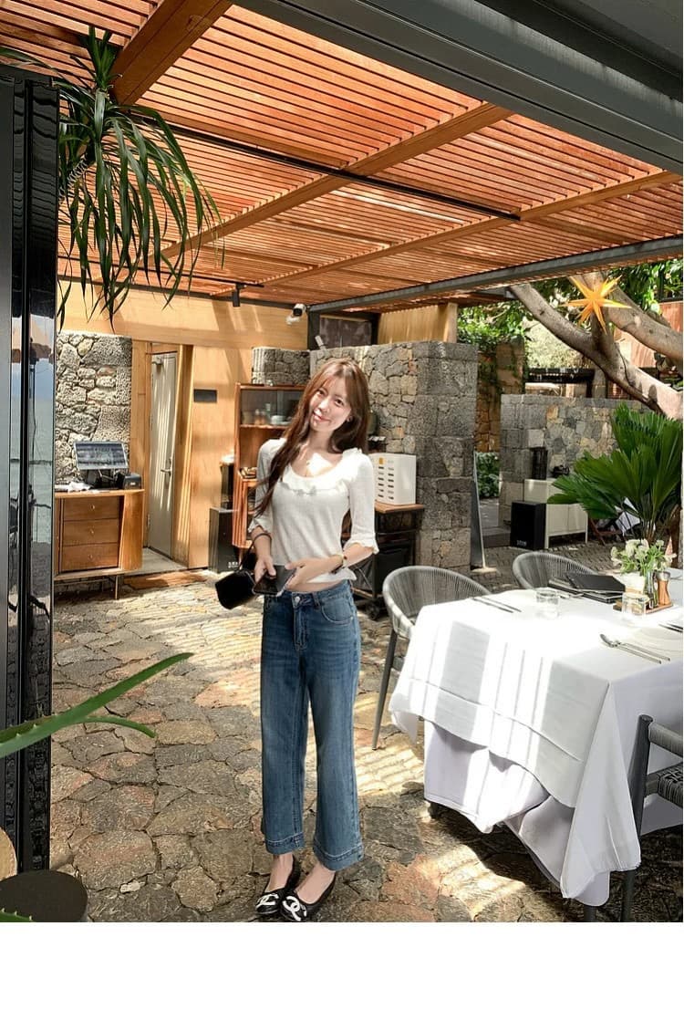 한 부서 화이트 u 칼라 프릴 디자인 중간 소매 티셔츠 여성 여름 먼저 봐 핫걸 쇼트 스타일 몸매 가꾸기 품격 맨위 상세 이미지 9