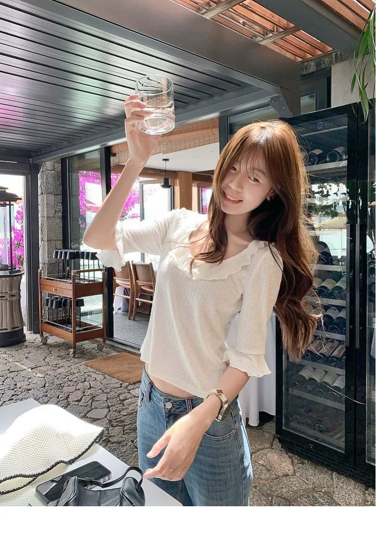 한 부서 화이트 u 칼라 프릴 디자인 중간 소매 티셔츠 여성 여름 먼저 봐 핫걸 쇼트 스타일 몸매 가꾸기 품격 맨위 상세 이미지 13
